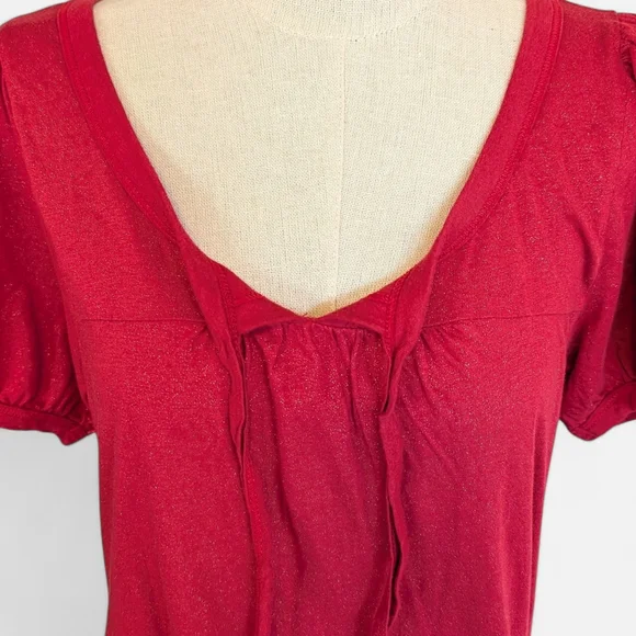 FANG Red Short Sleeve Metallic Tunic with Tie Neck Short Puff Sleeves BOHO Vamp - Picture 5 of 10